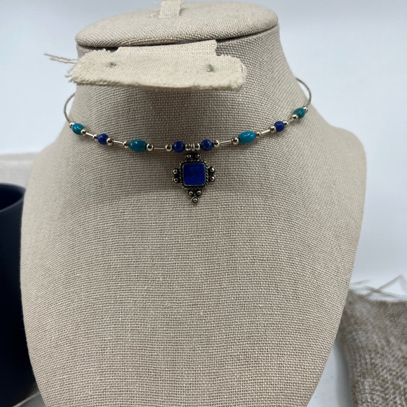 Vintage Southwestern Flexible Sterling Silver Necklace with Lapis & Turquoise - Picture 13 of 15